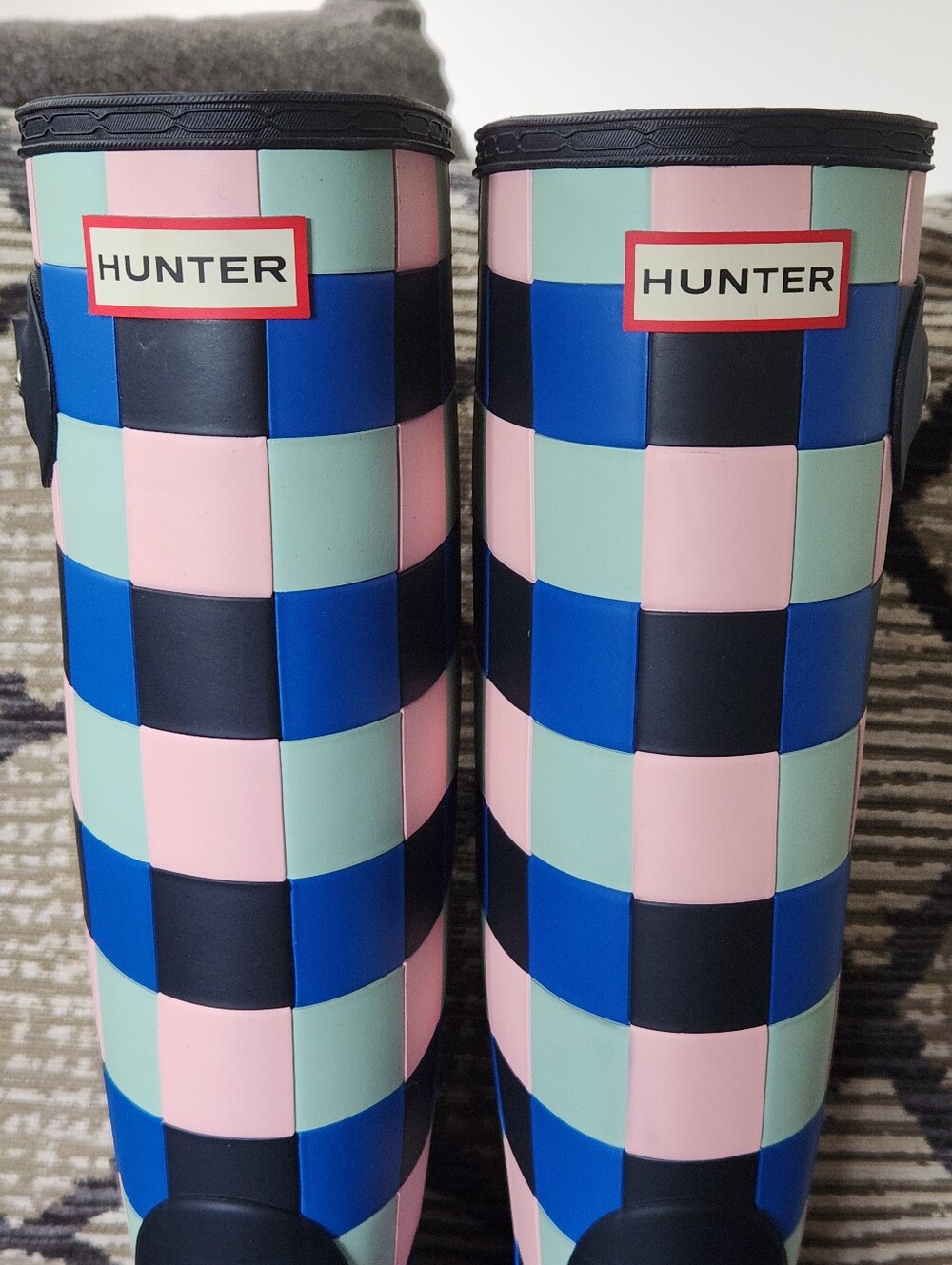 ☔️RARE Hunter☔️ - Blue/Pink Gingham Matte Finish Tall Wellington Rain Boot - Picture 2 of 12